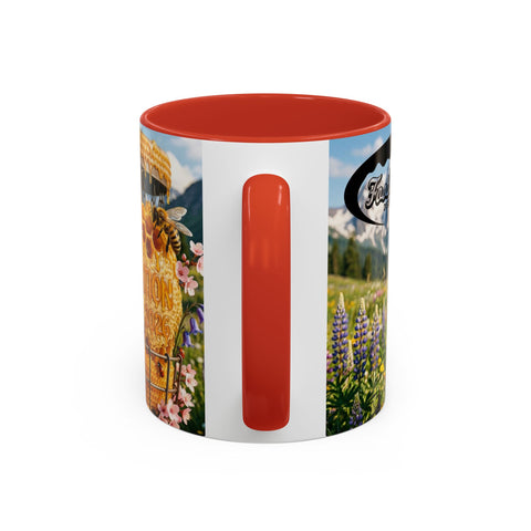 Accent Coffee Mug — Honeycomb Beehive in Alpine Wildflower Meadow (11/15oz)
