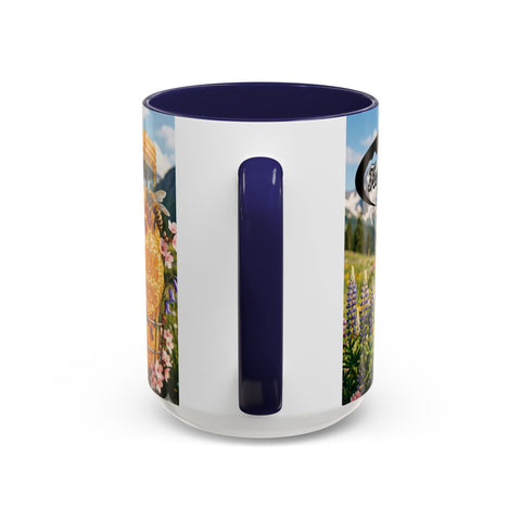 Accent Coffee Mug — Honeycomb Beehive in Alpine Wildflower Meadow (11/15oz)