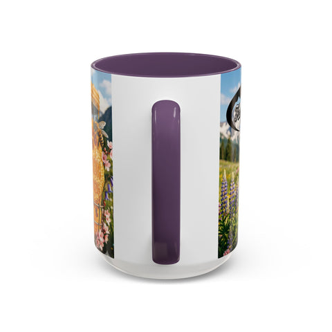 Accent Coffee Mug — Honeycomb Beehive in Alpine Wildflower Meadow (11/15oz)