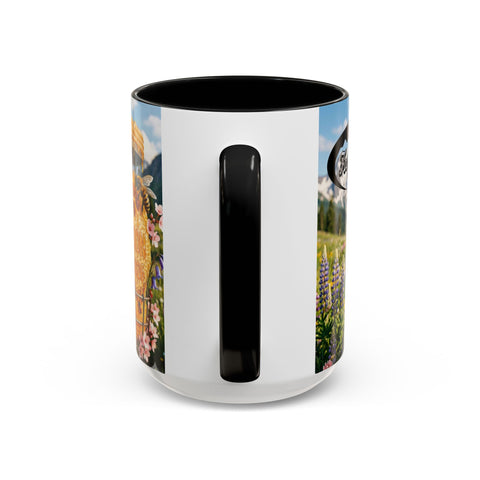 Accent Coffee Mug — Honeycomb Beehive in Alpine Wildflower Meadow (11/15oz)