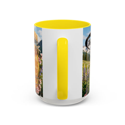 Accent Coffee Mug — Honeycomb Beehive in Alpine Wildflower Meadow (11/15oz)