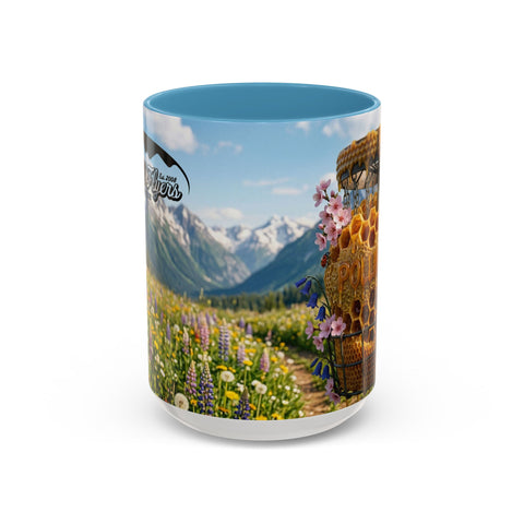 Accent Coffee Mug — Honeycomb Beehive in Alpine Wildflower Meadow (11/15oz)