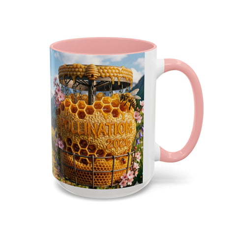Accent Coffee Mug — Honeycomb Beehive in Alpine Wildflower Meadow (11/15oz)