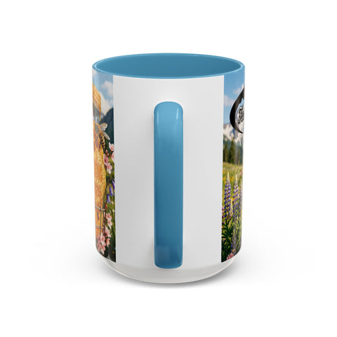 Accent Coffee Mug — Honeycomb Beehive in Alpine Wildflower Meadow (11/15oz)